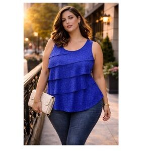 TAN JAY Cobalt Blue Tiered Ruffle Blouse Textured Leopard Sleeveless Top Sz XXL